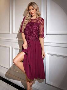 SHEIN Clasi Vestido de manga corta con cuello redondo de unicolor y encaje elegante - Burdeos - Ver 6