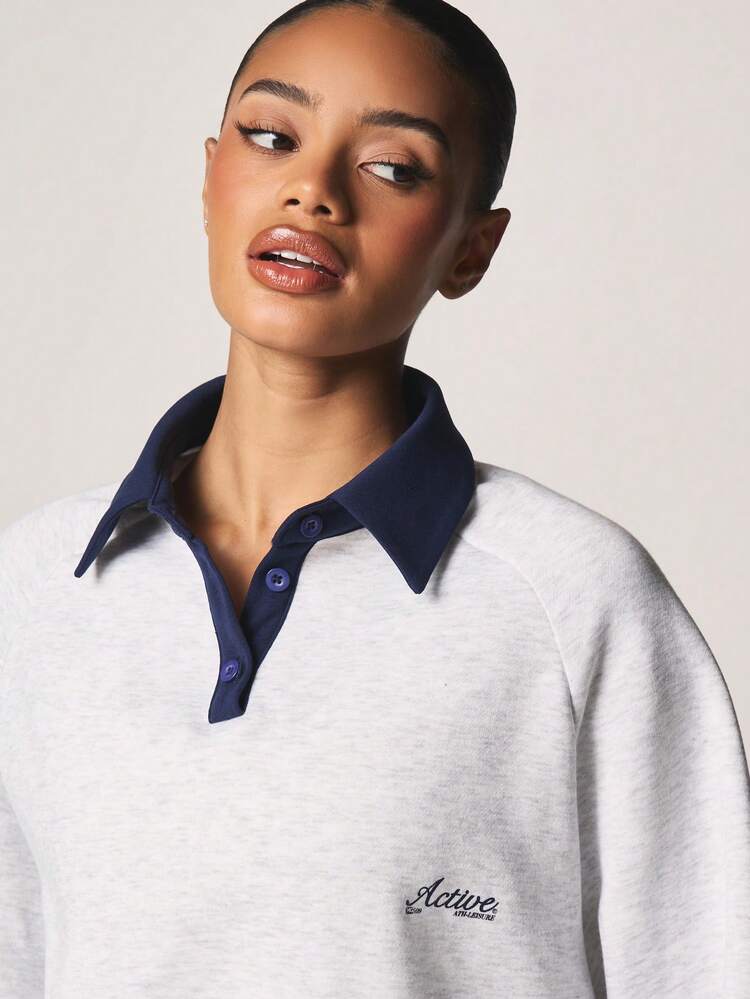 MISSGUIDED Contrast Collar Rugby Style Pullover Sweatshirt With Button Detail And Long Sleeves For Casual Winter Comfort
