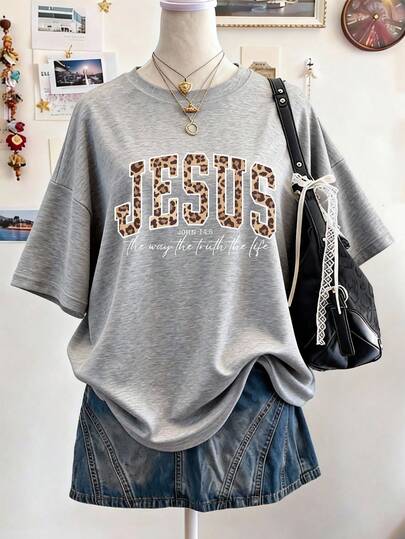 Lalippa JESUS Letter Print Oversized Loose Fit Mid-Length Round Neck Drop Shoulder Women T-Shirt, Gift For Friends