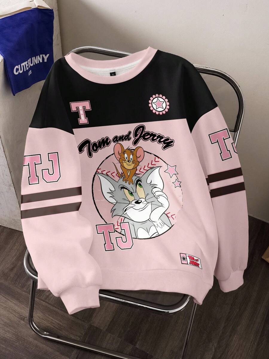 TOM & JERRY X SHEIN Women's Casual Everyday Commute Fashion Street Cartoon Letter Graphic Contrast Color Crew Neck Sweatshirt - White - View 1