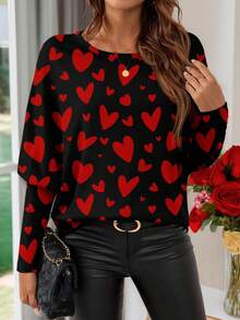 EMERY ROSE Casual Minimalist Heart Graphic Long Sleeve Elegant T-Shirt For Women, Suitable For Spring/Summer,Valentine's Day , Valentine Outfits For Women ,Valentines Day , Valentine Clothes ,Valentine's Day Outfit Carnival Cute Casual Tops Women Long Sleeve Tops - Multicolor - View 1