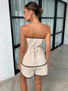 Lavishia Contrast Trim Front Button Bandeau Top And Shorts Set - Apricot - View 2