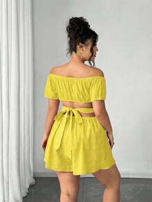 Elenzga Plus Size Women's French Textured Off-Shoulder Jumpsuit, Light Yellow Summer Smart Casual Vacation Curvy Linen Two Piece Set Brunch Beach - Yellow - View 2