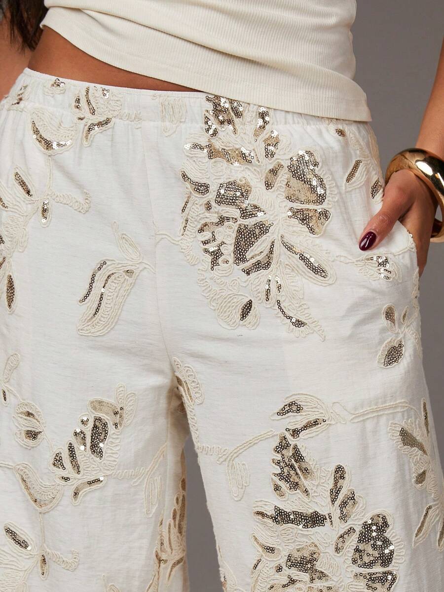 Athîral Women's Casual Beaded Embroidered Shiny Pants, Beige, Valentine's Day Clothing, Outdoor Wear, Sequined Pants, Sequined, Floral Pattern Pants, Vacation Wear, Spring Break Wear, Spring/Summer Wear, Beach Pants, Outdoor Date Wear, Linen Shorts For Women, Womens Summer Pants, Boho Pants For Women - Apricot - View 1