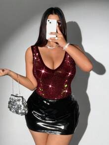 Viva Relle Valentine Sexy Rhinestone Fishnet Sleeveless Bodysuit, Suitable For Party, Music Festival, Plus Size - Burgundy - View 5