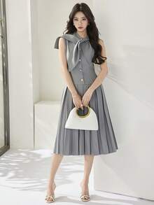 Heiryn 女士优雅通勤纯色褶裥下摆系带领中长连衣裙 - 灰色 - 查看 2
