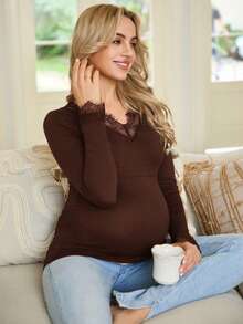 SHEIN Áo cho con bú tay dài cổ chữ V màu trơn, viền ren, thoải mái và thoáng khí. - Cà phê nâu - Xem 3