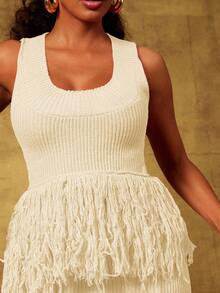 Vixey Fringe Hem Rib Knit Sleeveless Peplum Top - Apricot - View 4