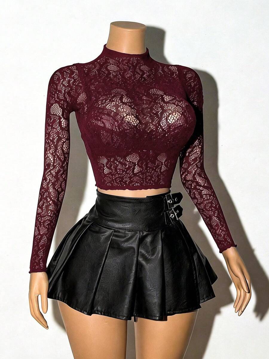 EgrlEra Svart sexig spetstopp med jacquardmönster och långärmad design - Rödviolett - Visa 1