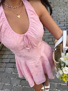 Sunnyshic Đầm ngắn dáng chữ A cổ vuông xếp ly bằng vải chiffon jacquard kiểu dáng ngọt ngào, thích hợp cho kỳ nghỉ hè, dành cho nữ, mùa xuân/hè. - Hồng - Xem 7