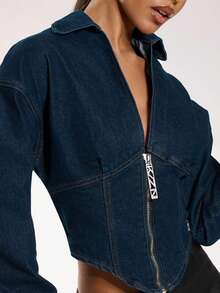 Normani Áo khoác denim thời trang đa năng tay dài cổ bẻ có khóa kéo cho nữ - Rửa tối - Xem 4