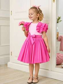 Vestido casual de princesa de verano con cuello redondo, mangas cortas, costillas y malla para niña joven con cinturón - Rosa Fucsia - Ver 4