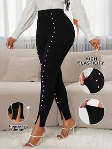 SHEIN Lady Leggings de mujer con decoración de perlas y alta elasticidad - Negro - Ver 1