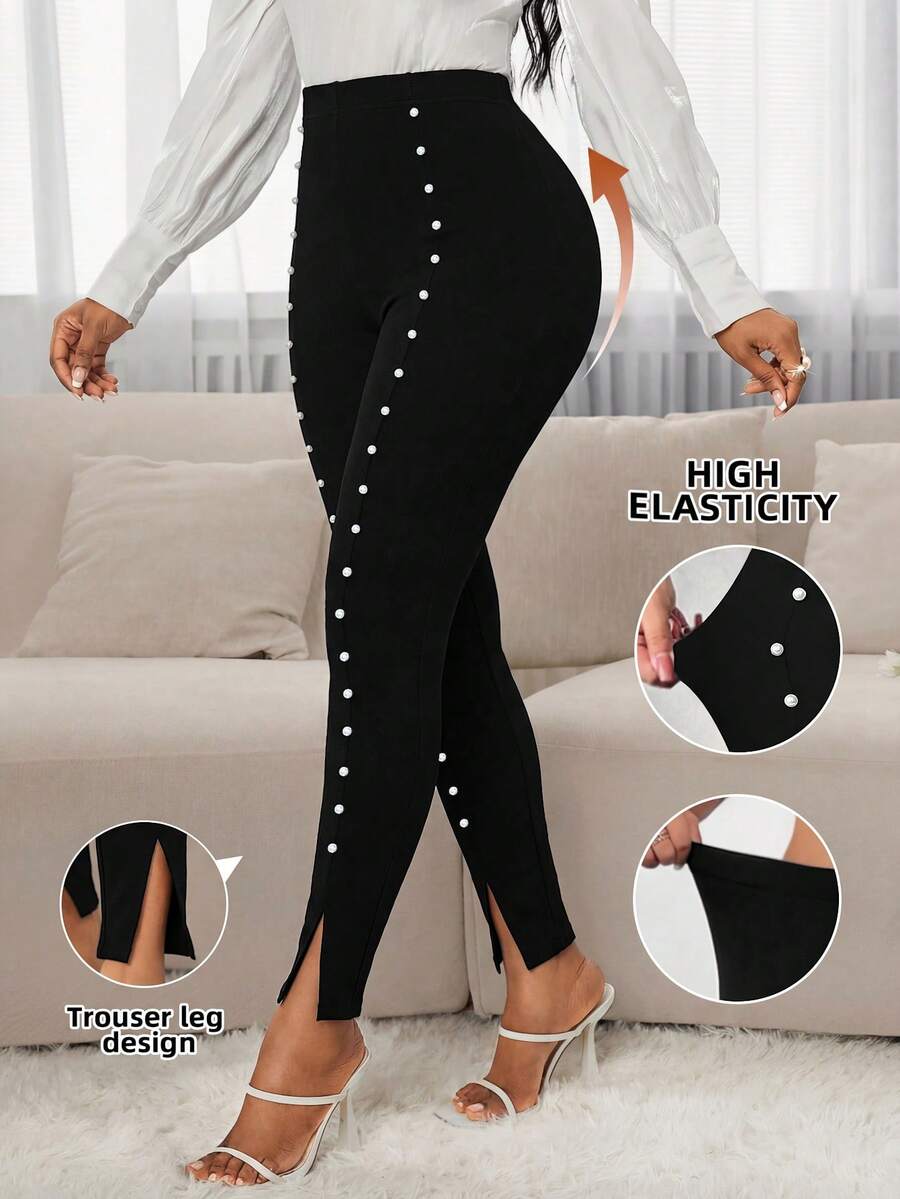 SHEIN Lady Leggings de mujer con decoración de perlas y alta elasticidad - Negro - Ver 1