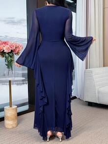 Modelyn 优雅派对纯色喇叭袖连衣裙 - 藏蓝色 - 查看 2