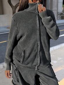 Muchica 大码休闲复古刺绣细节开衫，秋冬款 - 灰色 - 查看 4