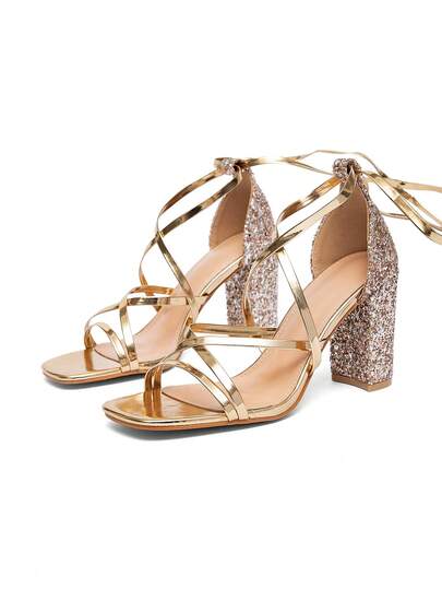 CUCCOO SZL Women's Fashion Gold Strappy Chunky Heel Comfortable High Heel Sandals, Suitable For Commuting, Dates, Gatherings, Parties And Other Occasions