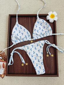 Swim Mod 2pcs/Set Women's White And Blue Floral Bikini,Halter Backless Crop Top&Side Tie Bottom Swimwear,Summer,Tropical,Beach,Vacation,Holiday Metallic Decor - Multicolor - View 2