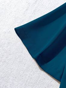 Franclia 大码女式纯色翻领短袖纽扣休闲宽松通勤优雅衬衫 - 水鴨藍 - 查看 4