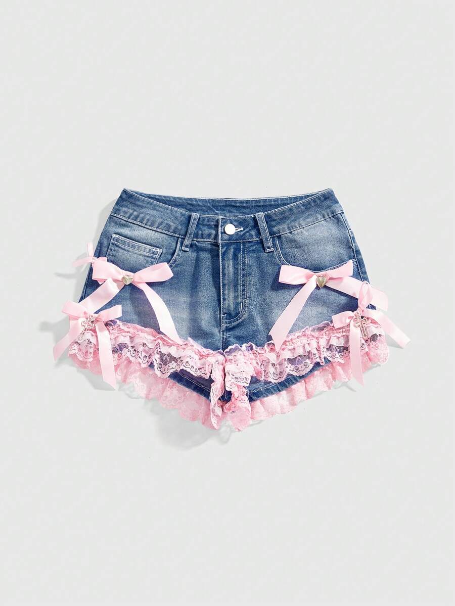 ROMWE Grunge Punk 性感低腰十字架吊坠蕾丝蝴蝶结可爱暗黑街头风蓝/黑色迷你牛仔短裤（女款） - 粉色 - 查看 1