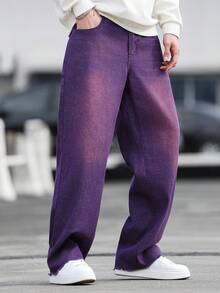 Manfinity Homme Men's Casual Pocketed Wide Leg Jeans, Versatile For Daily Commute And Outings - Purple - View 3