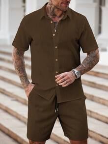 Manfinity Homme Men's Minimalist Casual Shirt Set Men Brown Short Set Men Two Piece Set Brown Mens 2 Piece Outfits Brown Linen Men Walking Suit - Coffee Brown - View 4