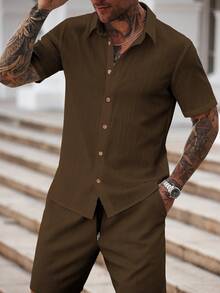 Manfinity Homme Men's Minimalist Casual Shirt Set Men Brown Short Set Men Two Piece Set Brown Mens 2 Piece Outfits Brown Linen Men Walking Suit - Coffee Brown - View 5
