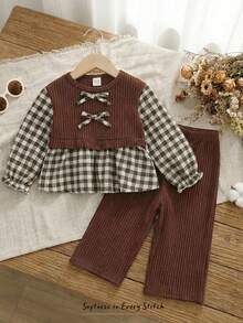 Cozy Pixies 2 pièces Ensemble Top à manches longues col rond avec nœud décoratif et pantalon droit à taille élastique pour bébé fille en patchwork à carreaux - Tabac - Voir 1