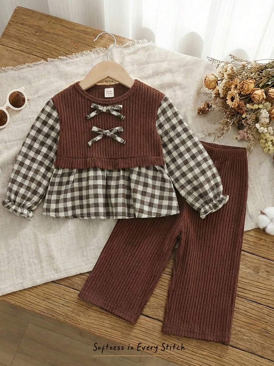 Cozy Pixies 2 pièces Ensemble Top à manches longues col rond avec nœud décoratif et pantalon droit à taille élastique pour bébé fille en patchwork à carreaux - Tabac - Voir 1
