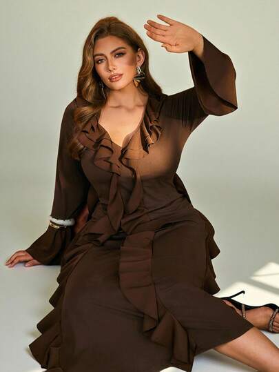Auralis Plus-Size Lady's Elegant Dress, Halloween Black Dress, Flounder Dress, Autumn Long Sleeved Dress, Long Dress, Elegant Lady Costume/Brown V-Neck Ruffled Jellyfish-Inspired Fitted Fishtail Maxi Dress / Flared Long-Sleeved Brown Dress / Everyday Wear, Romantic, Modern, Elegant, Beach Vacation / Bohemian Earth-Toned Dress / Western Style / Teacher's Uniform