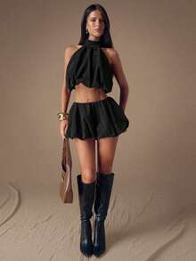 SHEIN BAE Bộ 2 món màu nâu/cà phê trơn gồm áo crop top tay phồng hở lưng có nơ xếp ly, áo dự tiệc/lễ hội và chân váy mini cạp thấp xòe bồng bềnh dành cho nữ, mùa thu/đông. - màu đen - Xem 4