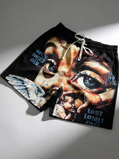 ROMWE MEN Goth Pantalones cortos casuales con estampado gráfico para hombres, adecuados para primavera/verano