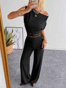 SHEIN EZwear Bộ đồ dệt kim màu đen gồm áo và quần lệch vai dành cho nữ. - màu đen - Xem 2