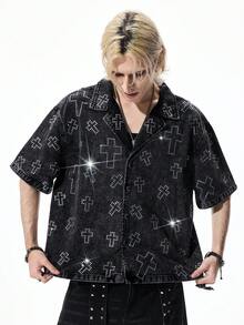 ROMWE MEN Street Life 男士水钻十字贴花落肩单排扣休闲牛仔衬衫 - 黑色 - 查看 9