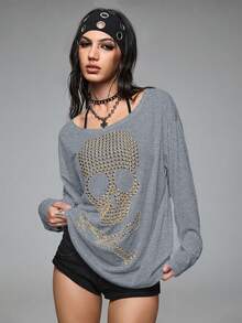 ROMWE Grunge Punk Áo thun dài tay dáng rộng, cổ tròn, họa tiết đầu lâu, đinh tán và đính đá. - Xám - Xem 5