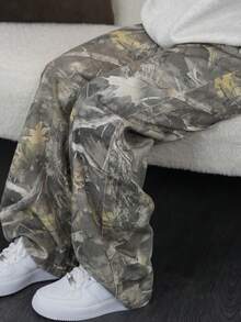 SAYEHFBABY 高腰枫叶迷彩印花水洗直筒牛仔裤 - 彩色 - 查看 6