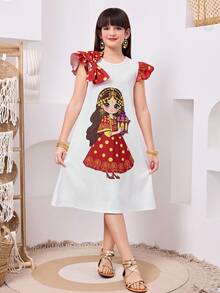 SHEIN Tween Girls' Loose Casual Round Neck Pullover Dress With Bow Decor & Cartoon Pattern - Red - View 5