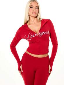SUMWON WOMEN Lovergirl Zip Through Hoodie And Capri Leggings Two Piece Coordinated Set With Script Print For Valentine - Red - View 6