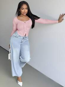 Alexandranx Sexy Solid Color Knitted Elastic Round Neck Tie Decor Long Sleeve Bodycon Snap Button Decorated Casual Women T-Shirt Fall Cloth For Women - Baby Pink - View 4