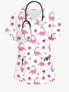 PopScrub Blusa de manga corta con cuello en V con estampado de dinosaurios y fresas, moda para primavera/verano - Multicolor - Ver 1