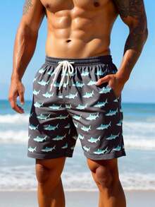 Manfinity Swimmode Men's Drawstring Waist Shark Print Pocket Casual Versatile Beach Shorts - Grey - View 3