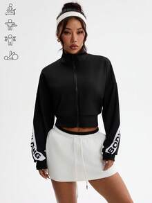 Gameset SHEIN Sport 女士运动夹克，新款字母图案拼接设计，户外跑步健身运动外套 - 黑色 - 查看 2
