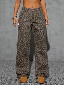 SHEIN SXY Spring Plus Size Women Cowgirl Style Leopard Print Non-Stretch Straight Leg Pants, Spring - Apricot - View 1