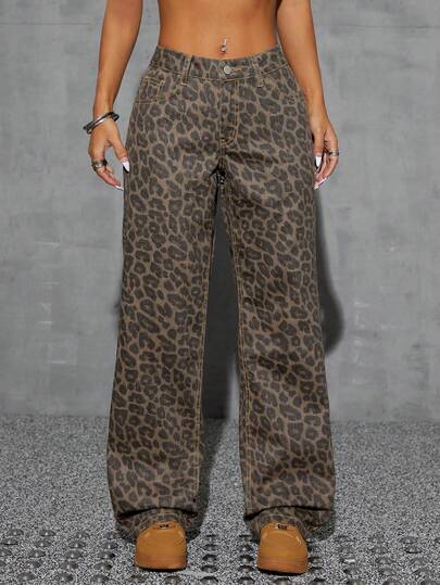 SHEIN SXY Spring Plus Size Women Cowgirl Style Leopard Print Non-Stretch Straight Leg Pants, Spring