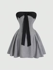 Sweetra Đầm nữ mùa Thu/Đông kiểu retro gợi cảm dáng ôm, thắt nơ, phối màu, họa tiết răng cưa, thoải mái, thường ngày. - màu đen - Xem 3