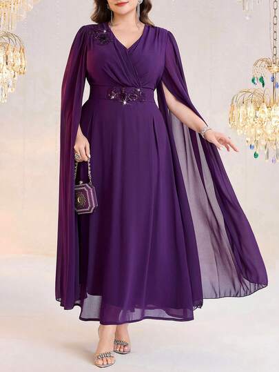 Modelyn Plus Size Elegant Party Dress With 3D Floral Decor Cape Sleeves