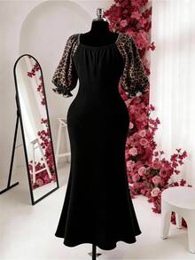 Rometta Plus Size Women's Summer New Leopard Print Patchwork Square Neck Slimming Bow Decor Fashion Elegant Sophisticated Sexy Long Dress, Suitable For Daily Casual, Commute, Shopping - Multicolor - View 2