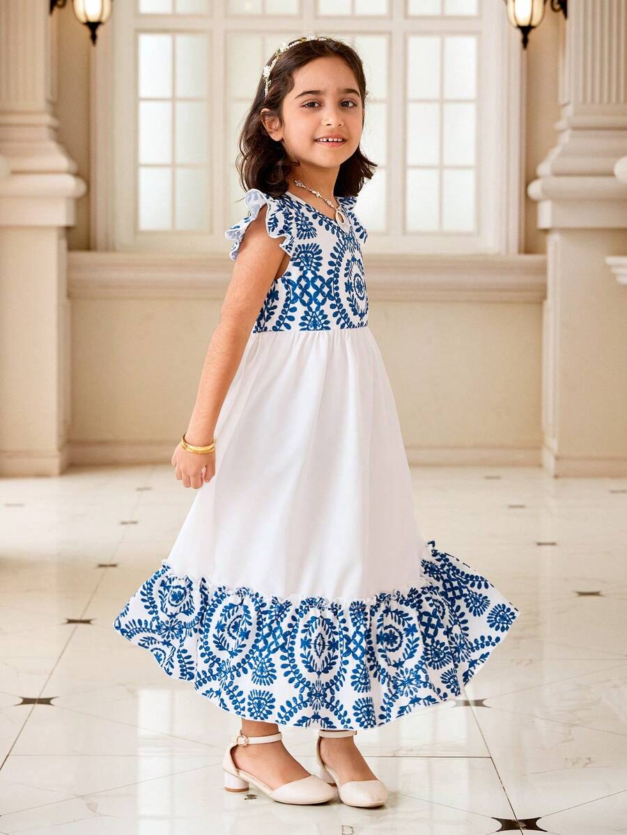 Sparklyn Kleine Mädchen Geometrisches Muster Patchwork Rüschen Saum Ärmelloses Kleid, geeignet für Alltag, Urlaub, Elegant & Outfit - Verschiedenfarbig - Übersicht 1
