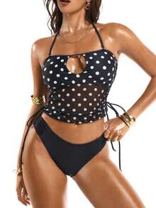 Oceva Women's White With Black Polka Dots Swimwear Two Pieces Sets,High Waist Bikini,Summer 90s Camisole Tank Top For Holiday,Beach Party,Boho Vacation Tops - Black and White - View 1