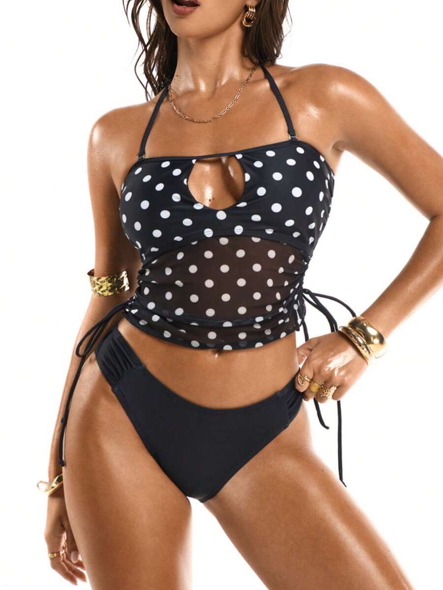 Oceva Women's White With Black Polka Dots Swimwear Two Pieces Sets,High Waist Bikini,Summer 90s Camisole Tank Top For Holiday,Beach Party,Boho Vacation Tops - Black and White - View 1